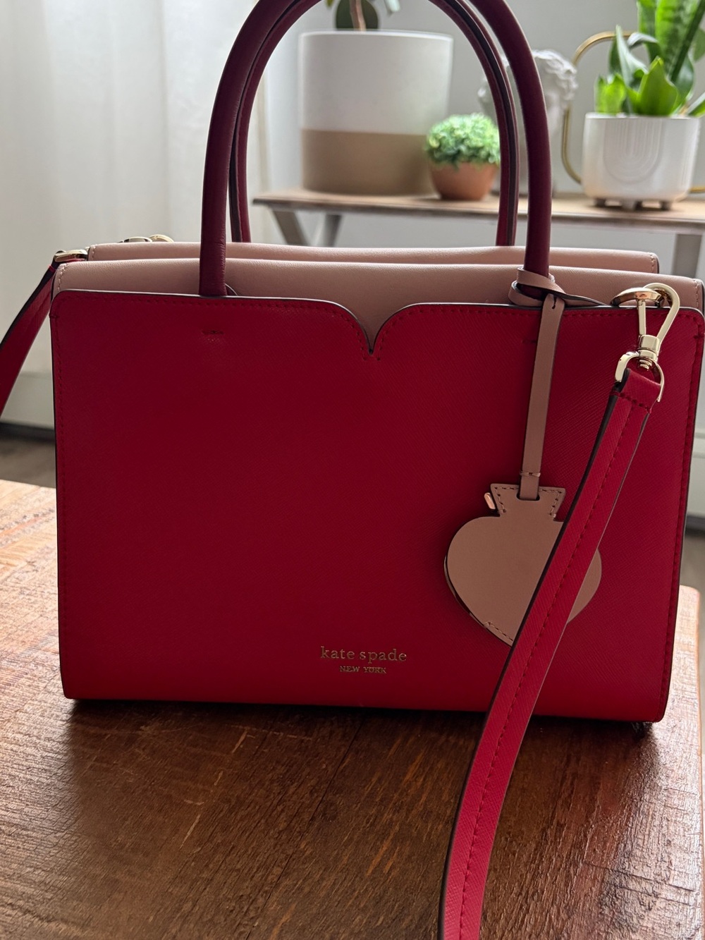 kate spade Pink and Red Two-Tone Satchel with Heart Charm